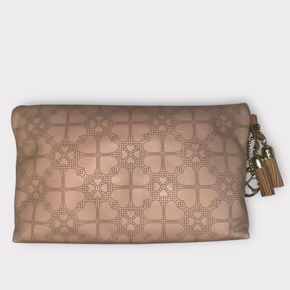 Folli Follie Purse Pink Leather Perforated Heart Etched Folding Clutch Greece - Picture 2 of 11